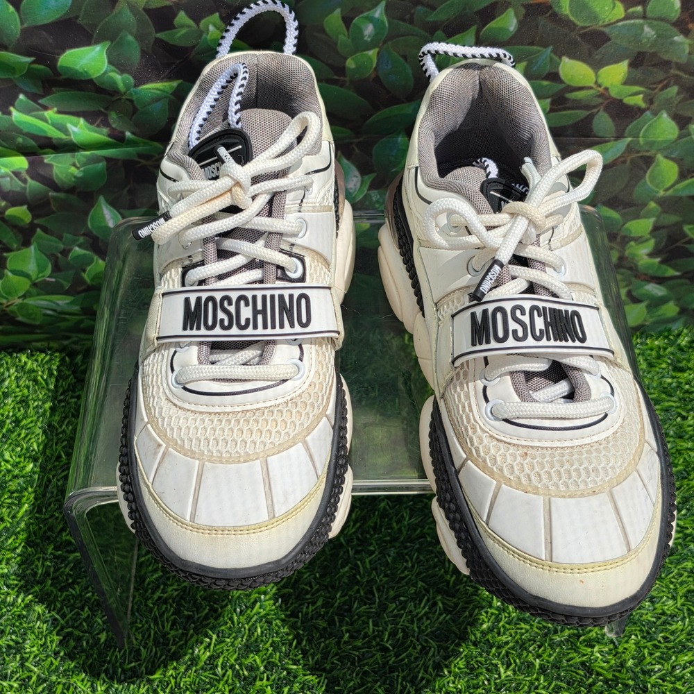 Moschino Teddy Shoes White Black Chunky Platform Sneakers Logo Strap Womens